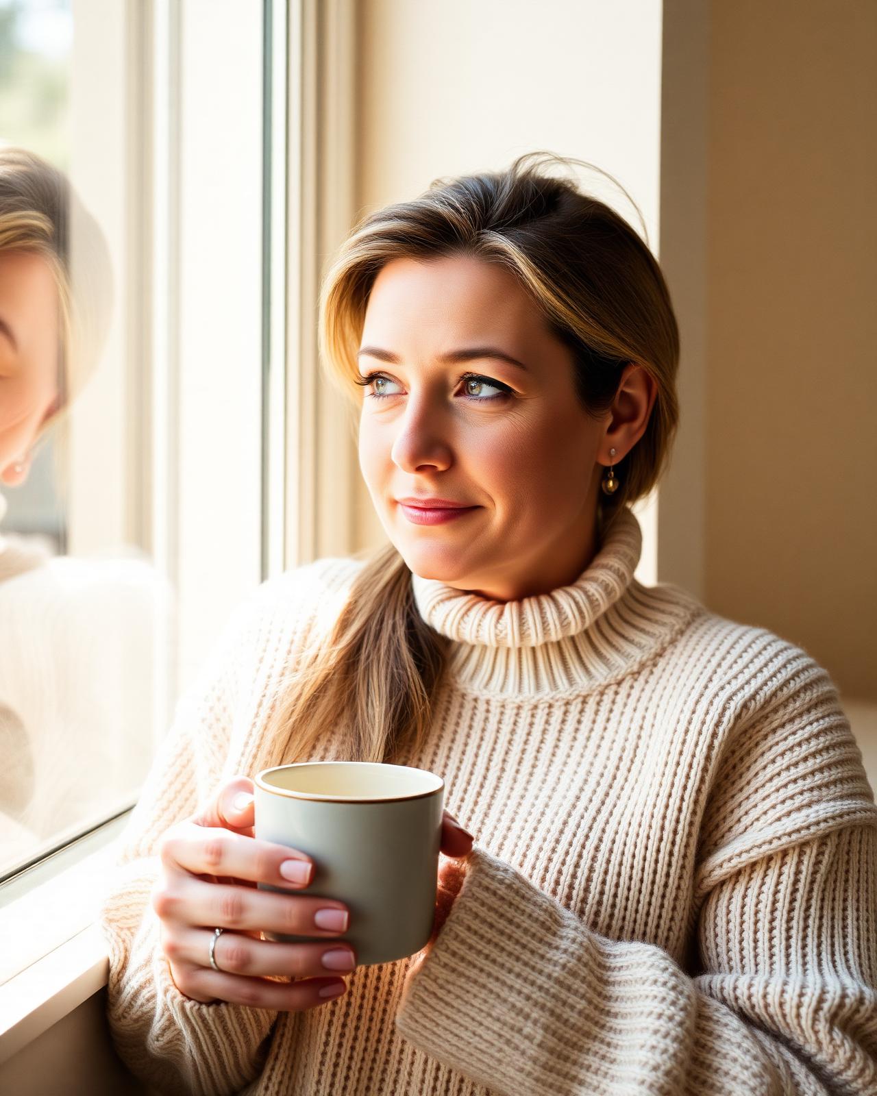 A woman in her early forties holding a warm mug, sitting by a sunlit window